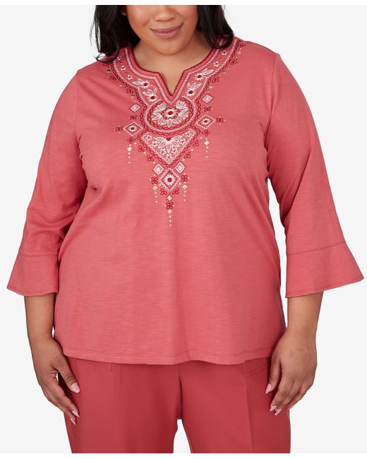Alfred Dunner Plus Sedona Sky Split Neck Embroidered Top