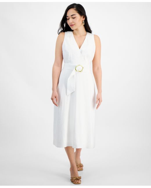 I.N.C. International Concepts Petite Linen-Blend Belted Midi Dress Created for