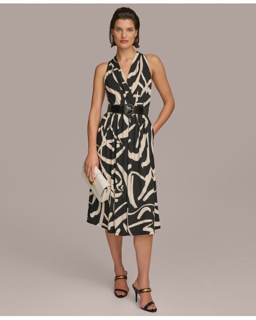 Donna Karan Printed Belted A-Line Dress