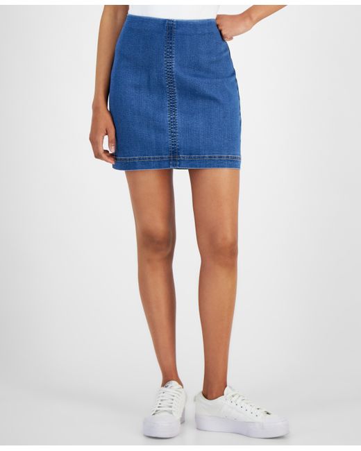 Tinseltown Juniors High-Rise Zip-Back Mini Denim Skirt