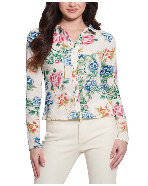 Guess Tessa Smocked Button-Down Long-Sleeve Top