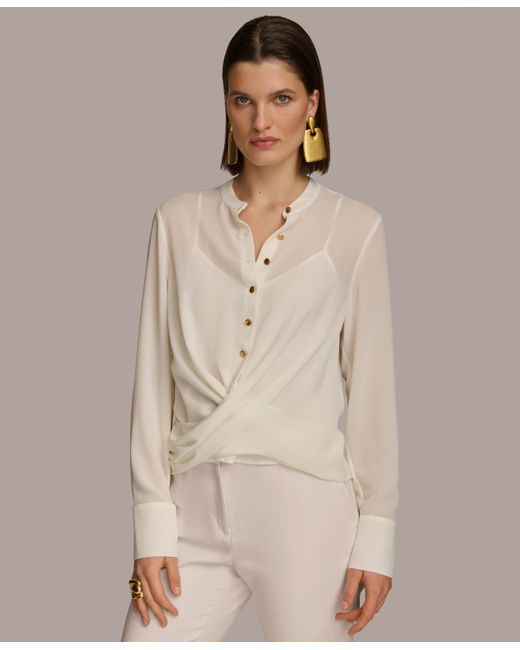 Donna Karan Faux-Wrap Button-Front Long-Sleeve Top