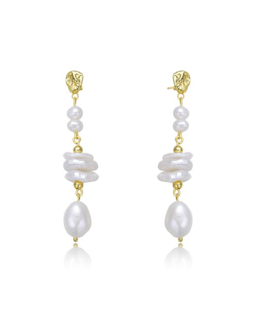 Genevive Stylish Sterling Silver 14K Plating and Genuine Freshwater Pearl Dangling Drop Earrings