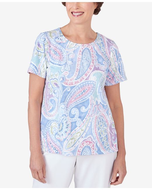 Alfred Dunner Petite Pleated Crew Neck Paisley Short Sleeve Tee