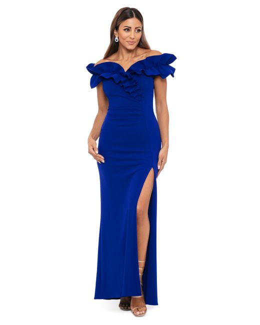 Xscape Ruffled Ruched Scuba Fit Flare Gown
