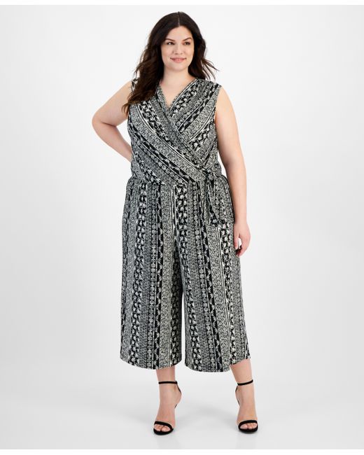 Connected Plus Printed Surplice Sleeveless Cropped Jumpsuit