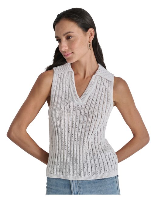 Dkny Lacey Stitch Collared Sleeveless Sweater