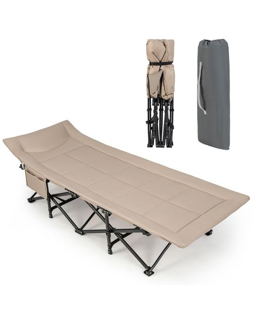 Gymax Folding Camping Cot Portable Tent Sleeping Bed with Cushion Headrest Carry Bag Khaki khaki