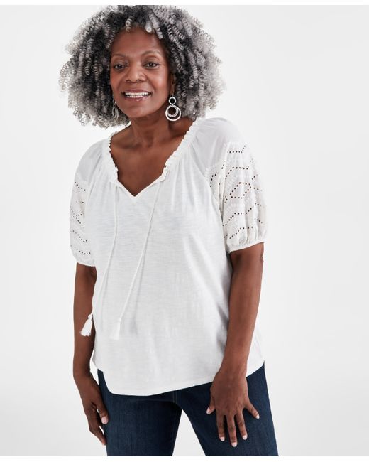 Style & Co Plus Eyelet Puff-Sleeve Split-Neck Cotton Top Created for