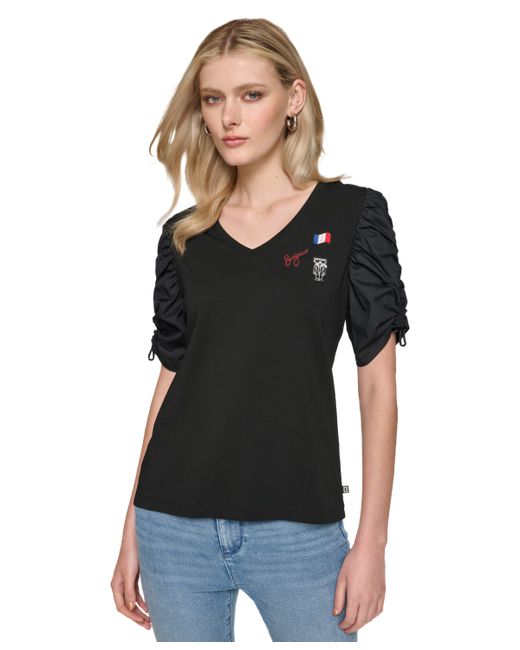 Karl Lagerfeld Ruched-Sleeve V-Neck Top