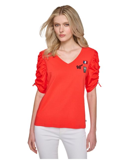 Karl Lagerfeld Ruched-Sleeve V-Neck Top