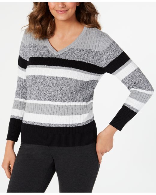 Karen Scott Striped Cable-Knit Sweater Created for