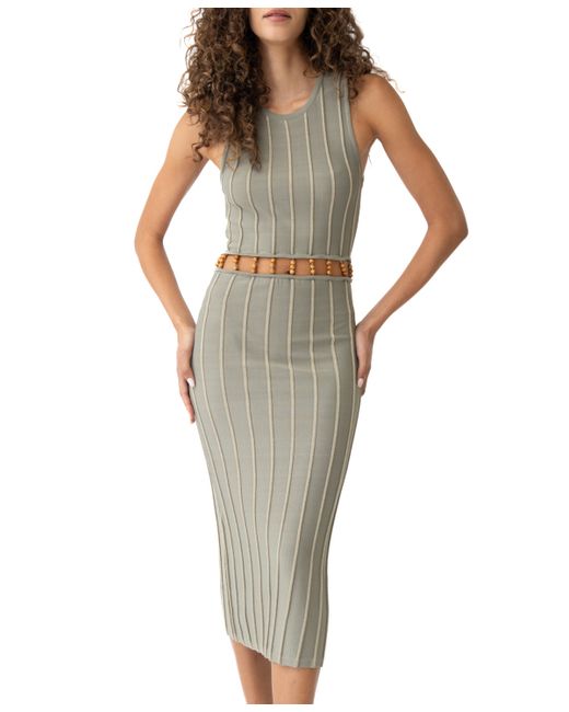 Adrienne Landau Round-Neck Wood-Bead-Trim Midi Dress