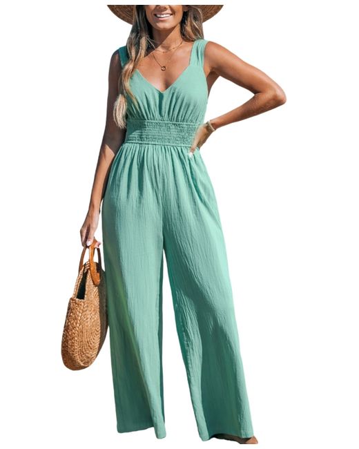 Cupshe Sleeveless Ruched Waist Wide Leg Jumpsuit pastel blue
