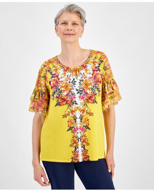 Jm Collection Short-Sleeve Printed Ruffled-Cuff Top Created for Macy
