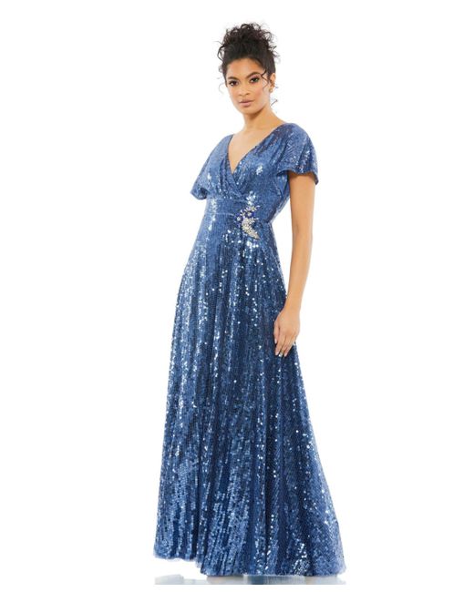 Mac Duggal Sequined Butterfly Sleeve Wrap Over A Line Gown