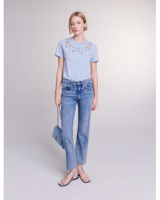 Maje Womans cotton Rib Rhinestone T-shirt for Spring/Summer Extra Small