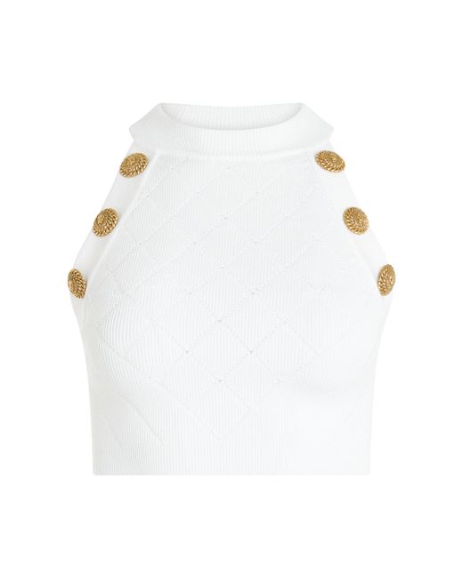 Balmain Short-sleeve 6 Button Knit Cropped Top