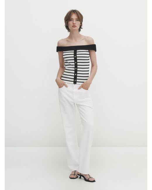 Massimo Dutti Striped Top With Buttons And Contrast Boat Neck