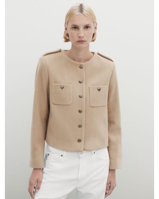 Massimo Dutti Wool Blend Cropped Jacket With Buttons