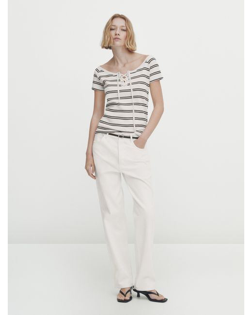Massimo Dutti Striped T-Shirt With Lace-Up Neckline