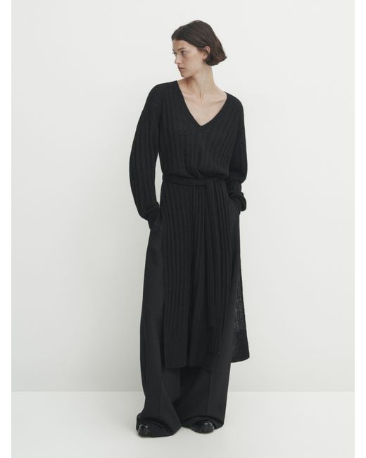 Massimo Dutti Ribbed Wool Blend Dress With Belt