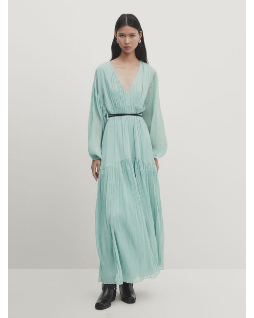Massimo Dutti Long Pleated Dress With Contrast Trim Studio