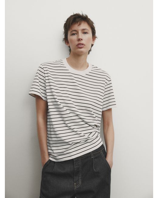 Massimo Dutti Striped Cotton T-Shirt With Contrast Neckline