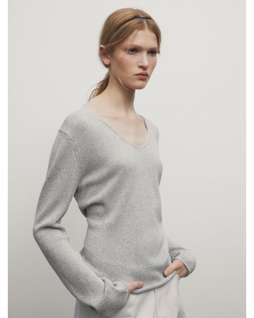 Massimo Dutti 100 Cotton V-Neck Knit Sweater Grey Marl 8
