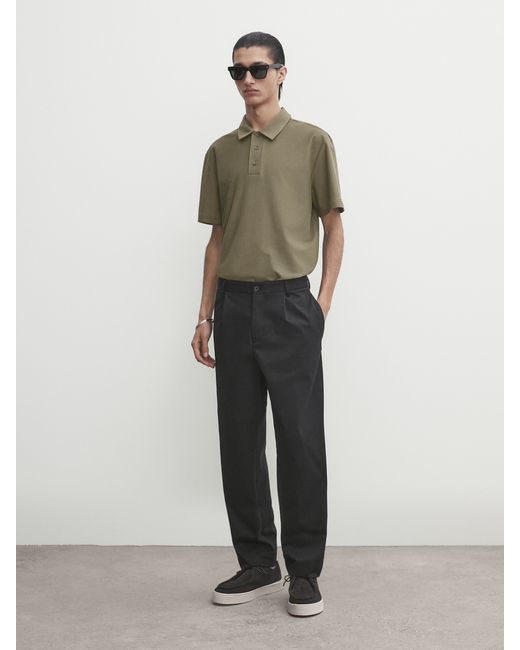 Massimo Dutti Short Sleeve Diagonal Cotton Micro-Twill Polo Shirt