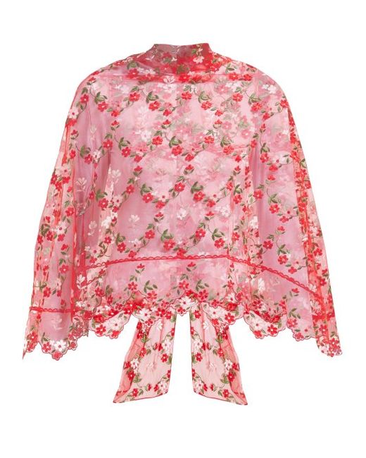 Simone Rocha Floral Embroidered Tulle Cape Red
