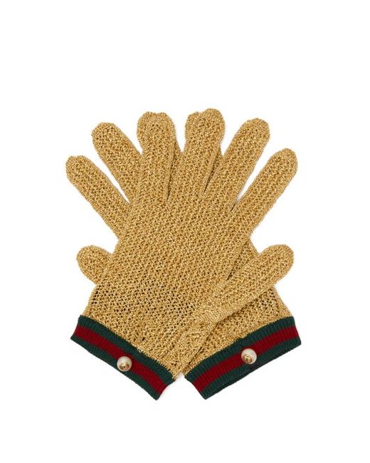 Gucci Web Striped Metallic Crochet Gloves