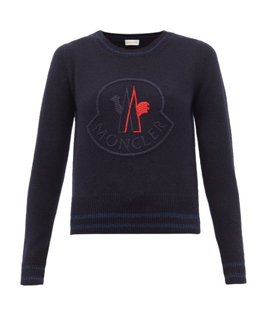 Moncler Logo Embroidered Wool Blend Sweater Navy