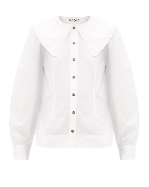 Ganni Ruffled-collar Cotton-poplin Shirt