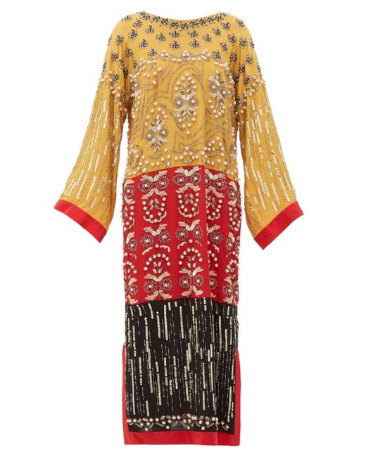 Saloni Maki-b Embellished Silk-georgette Kaftan Dress Yellow