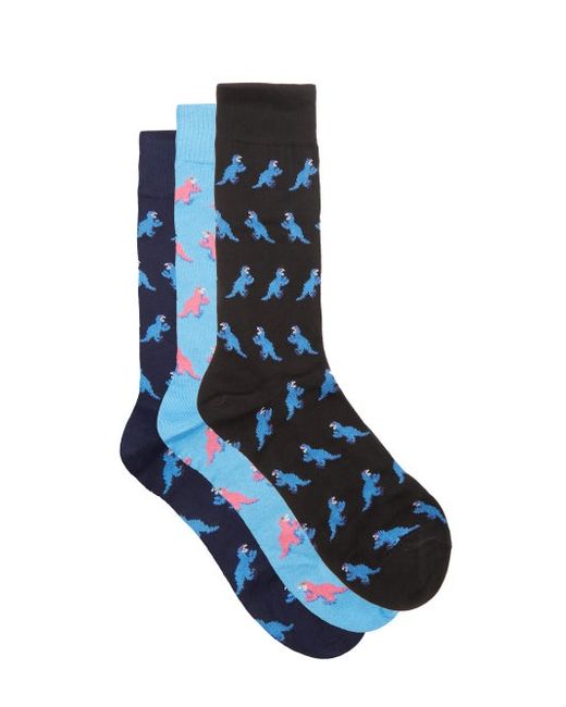Paul Smith Pack Of Three Dinosaur Cotton-blend Socks
