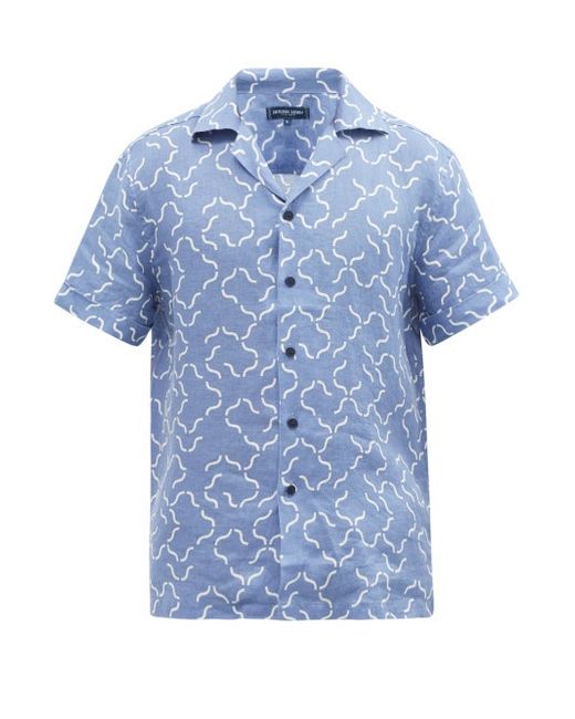 Frescobol Carioca Cuban-collar Tile-print Short-sleeved Linen Shirt
