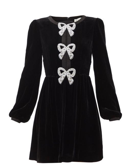 Saloni Camille Crystal-bow Velvet Mini Dress