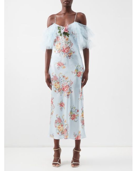 Rodarte Tulle-sleeved Floral-print Silk-satin Dress
