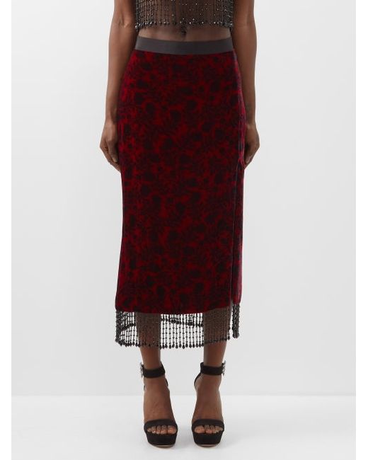 Saloni Kirsten D Floral-print Beaded Velvet Midi Skirt