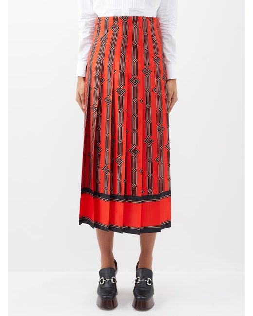 Gucci Square G-print Pleated Silk Midi Skirt