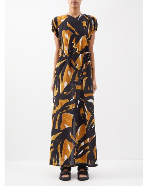 Raey Woodblock-print Gathered-sleeve Silk Dress