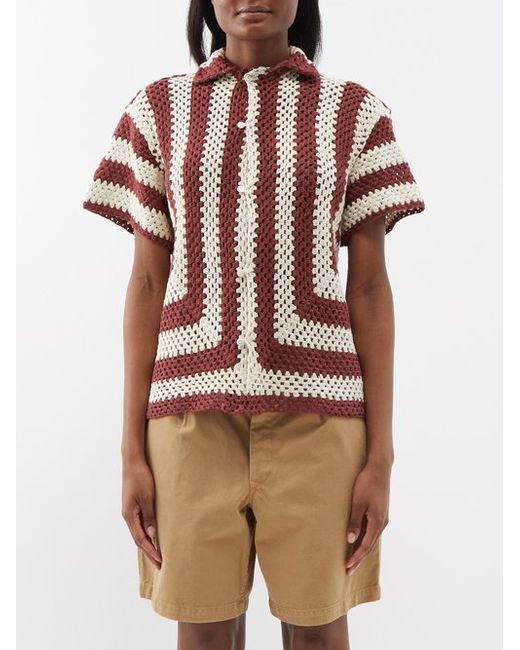 Bode Crocheted Striped Cotton Short-sleeved Shirt