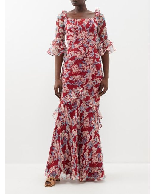 Saloni Tamara Floral-print Crinkled-silk Maxi Dress