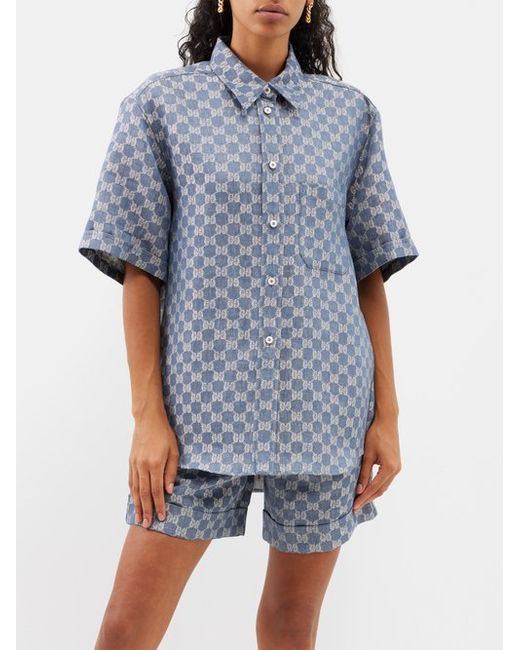 Gucci GG-jacquard Short-sleeved Linen-denim Shirt
