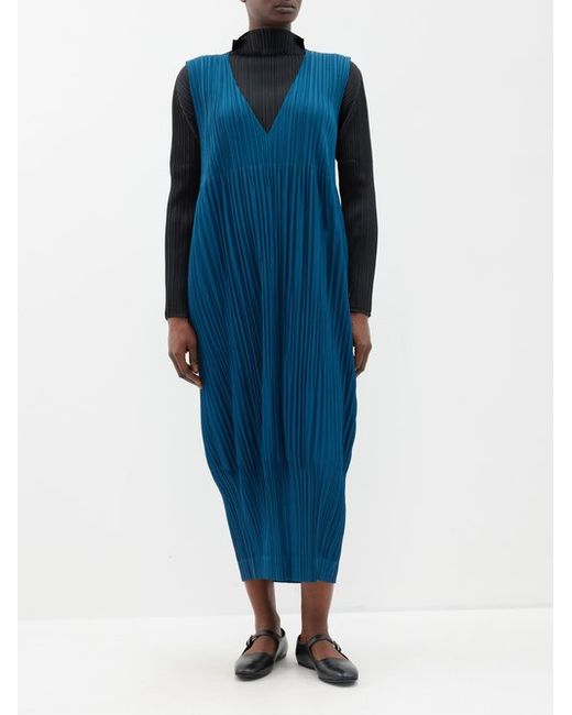 Pleats Please By Issey Miyake V-neck Technical-pleated Midi Dress