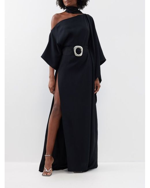 Taller Marmo Taylor Asymmetric Belted Crepe Maxi Dress