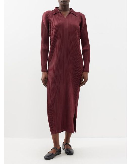 Pleats Please By Issey Miyake Open-collar Technical-pleated Midi Dress