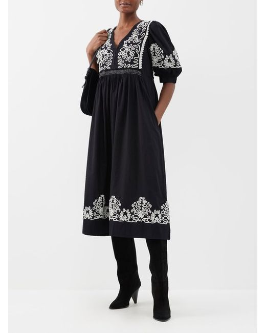 Sea Embroidered Puff-sleeve Cotton Midi Dress