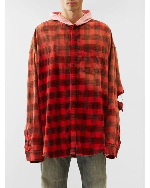 Balenciaga Oversized Distressed Flannel Hooded Shirt